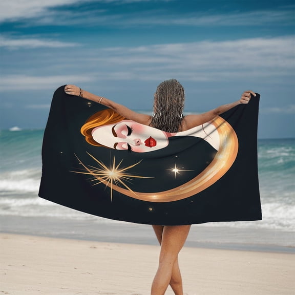 Elegant Celestial Design Beach Towel - Flowing Hair Woman with Stars Perfect for Pool Travel & Bath Use