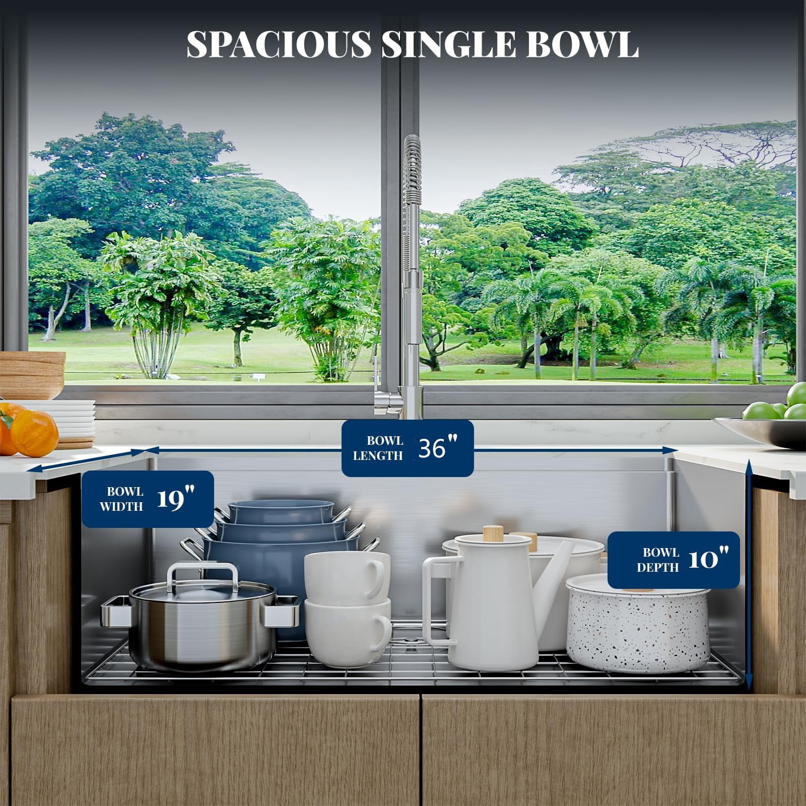 36" Undermount Kitchen Sink - Stainless Steel Single Bowl with Drainer