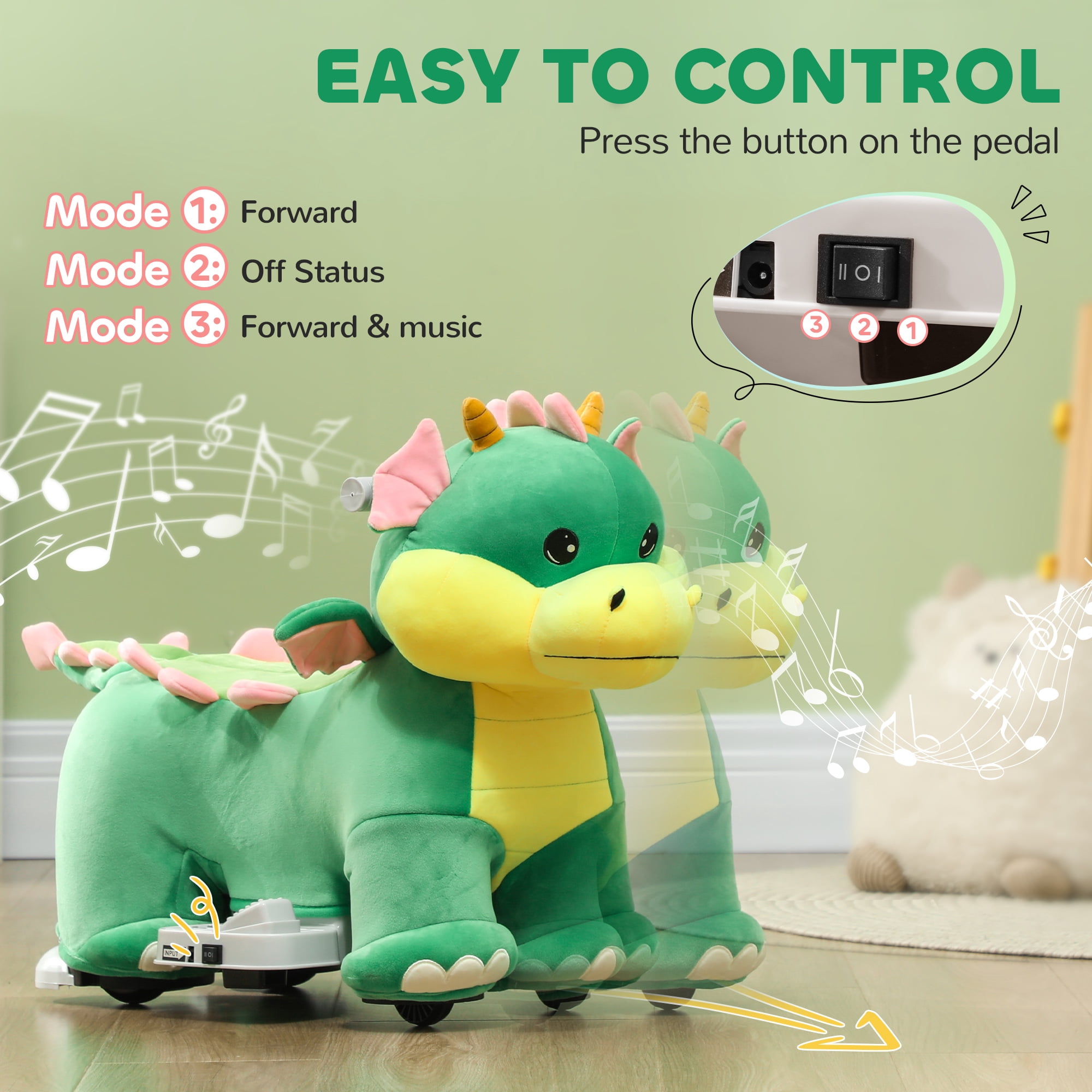Qaba 6V Kids Ride on Horse, Triceratops Shaped Battery Powered Ride on Toy with Music Forward, PU Wheels, for Girls Boys Aged 18-36 Months, Green