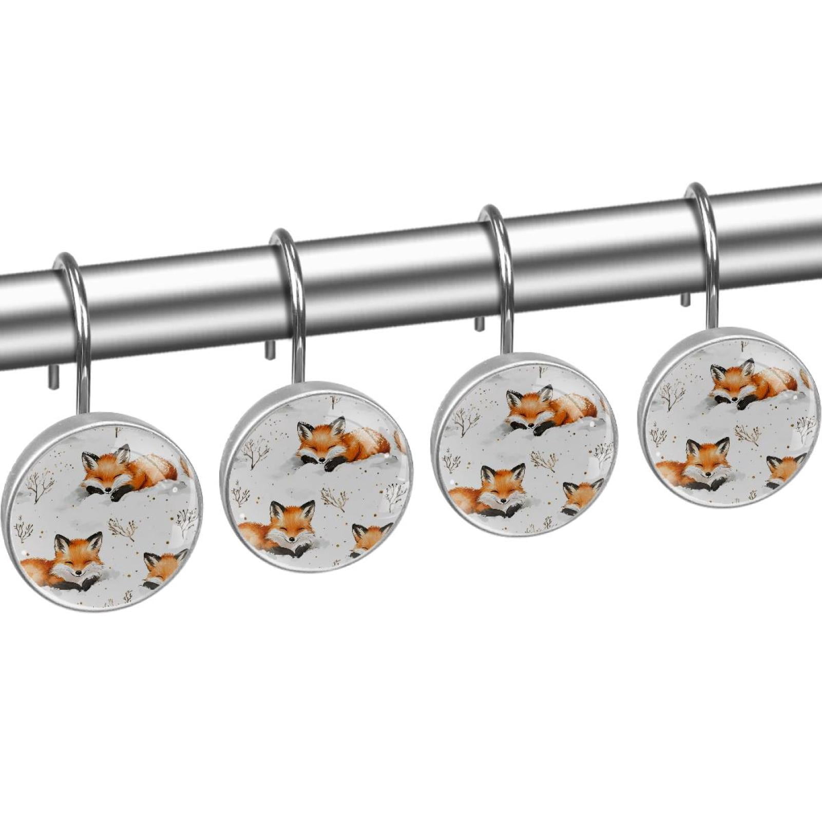 Foxes Laying on Snow Shower Curtain Hooks Round Crystal Glass, Set of 12 Shower Curtain Rings - Shower Hooks for Curtain Shower Rings