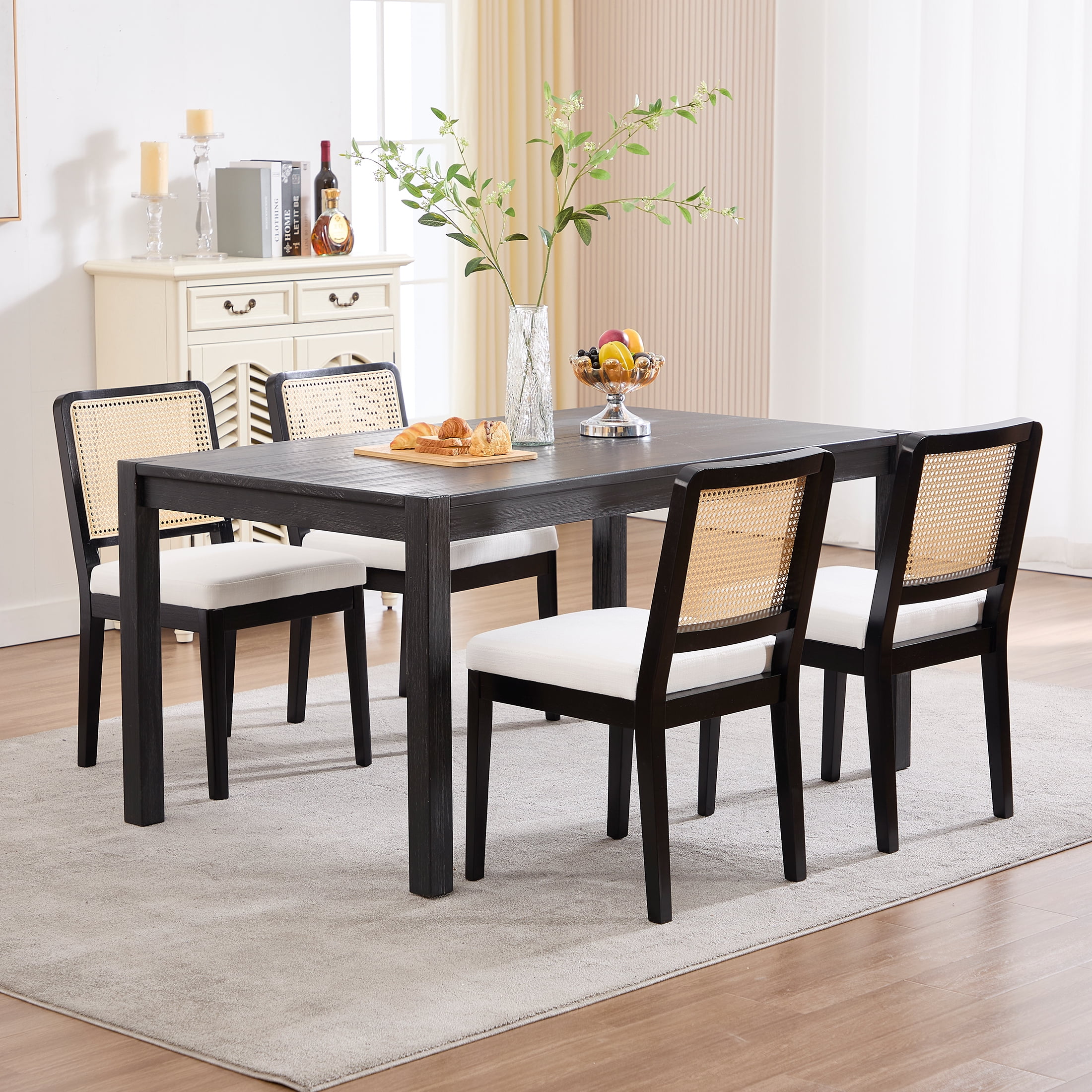 Guyou Farmhouse Rattan Dining Chairs Set of 6, Modern Wooden Kitchen Chairs with Cane Back, Linen Upholstered Dining Room Chairs, Boho Wicker Woven Dining Side Chairs for Dining Room, Beige