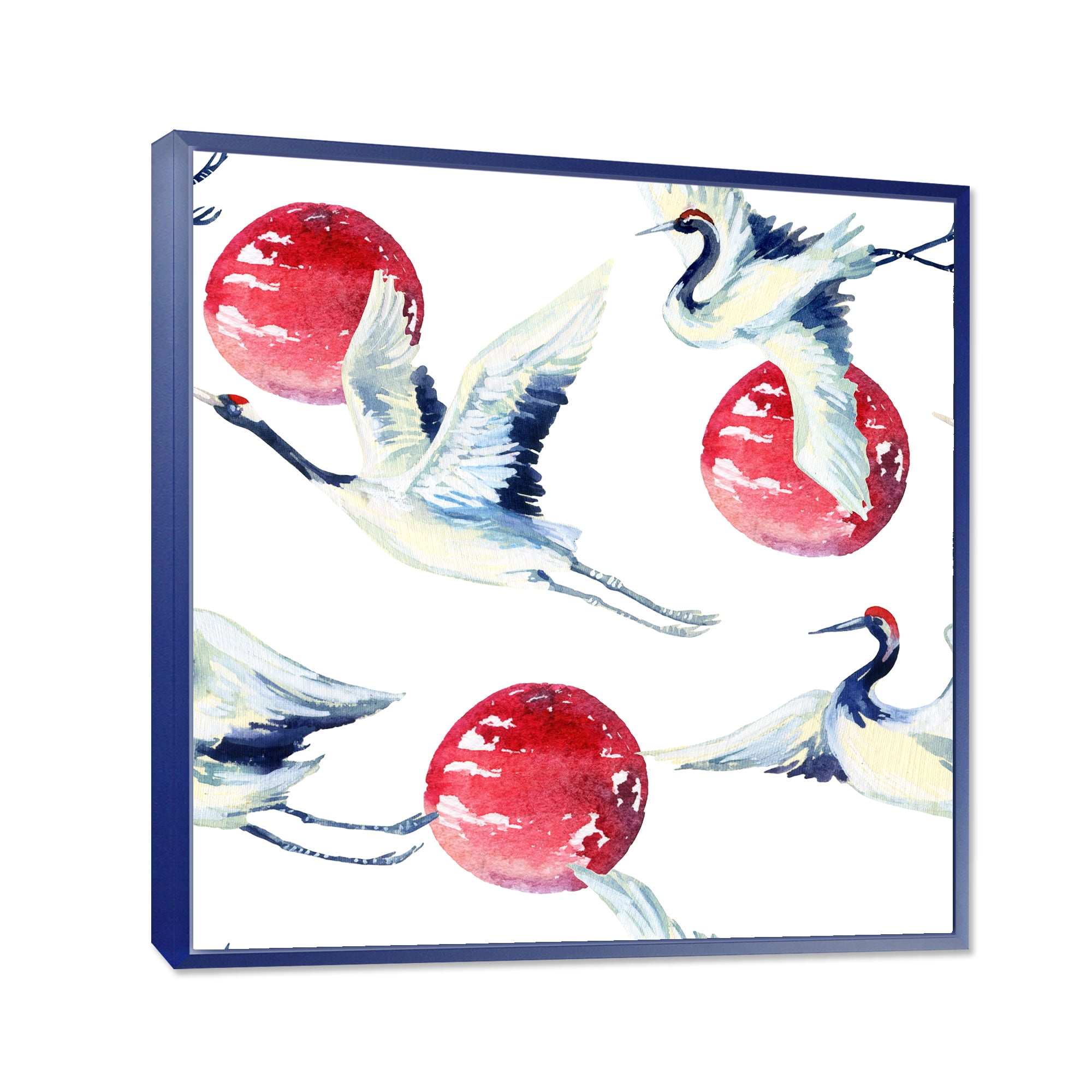 Designart 'Red Full Moon With Asian Crane Bird' Traditional Framed Canvas Wall Art Print