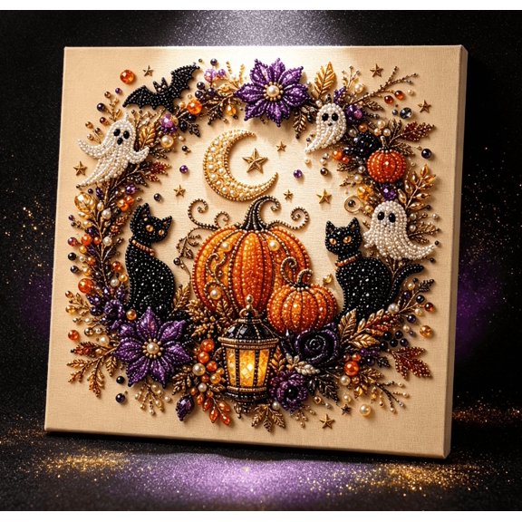 Halloween Ghost Pumpkin Wreath DIY Diamond Painting Kit, 3D Pearl Art with Black Cat & Lantern, Fall Home Wall Decor, Beginner Party Gift