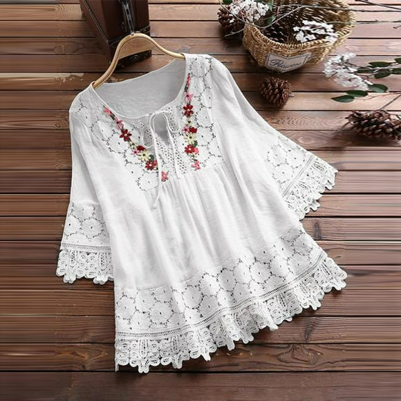 Meichang Hauts en Coton et Lin pour Femmes, Chemisiers Grande Taille Femmes Vintage Dentelle Patchwork Nœud Col en V Broderie Été Trois Quarts Rétro Unis Hauts T-Shirts Blanc XXXXXL