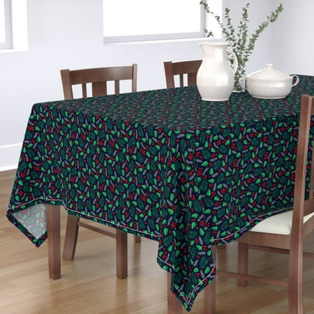 

Cotton Sateen Tablecloth 70 x 144 - Botanical Holly Berry Woodland Pine Leaves Branch Green Navy Holiday Print Custom Table Linens by Spoonflower