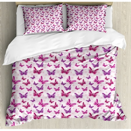 Purple Duvet Cover Set Abstract Butterflies On Floral Background