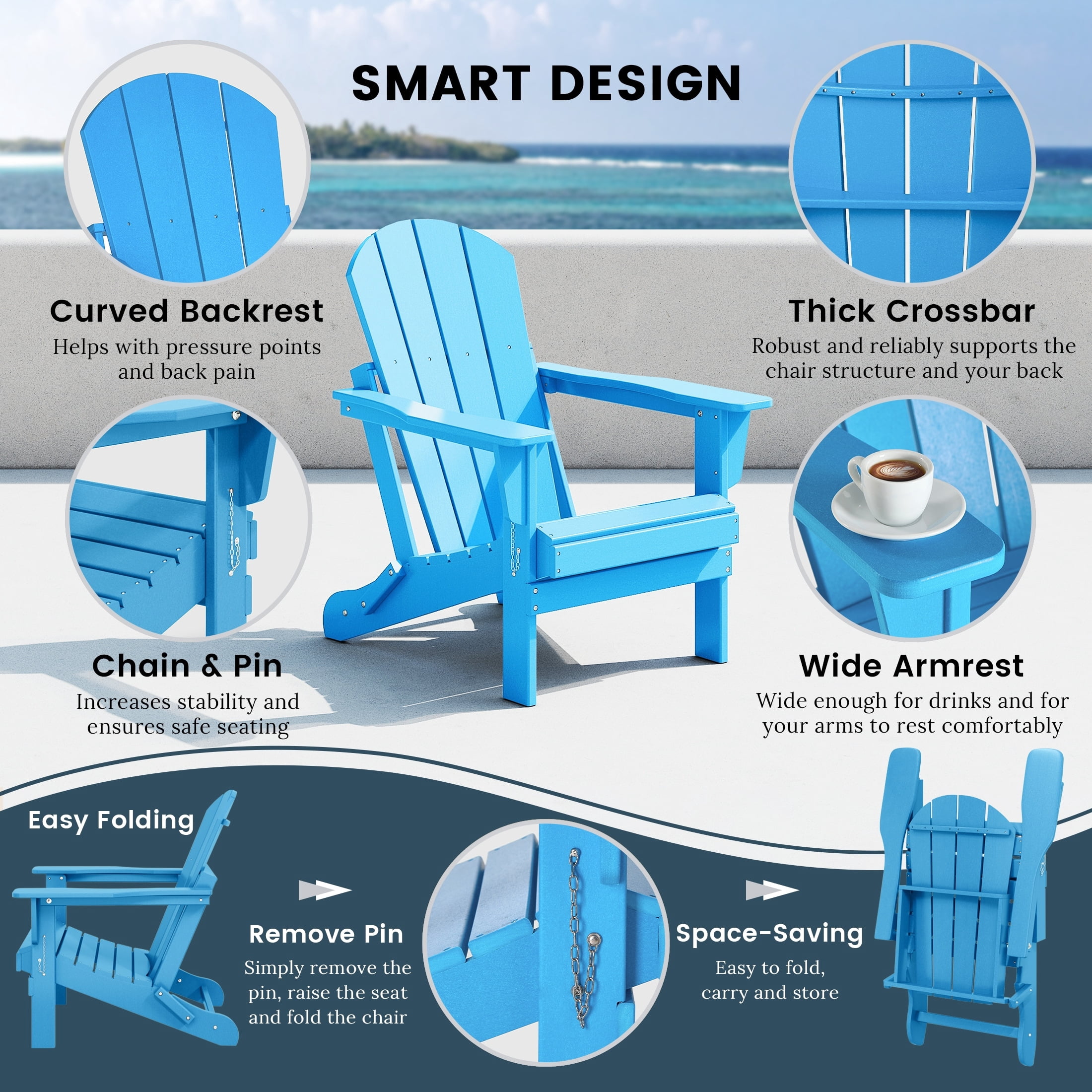Polytrends  Laguna Weather Resistant Outdoor Patio Folding Adirondack Chair Pacific Blue Poly Synthetic Fiber, Plastic