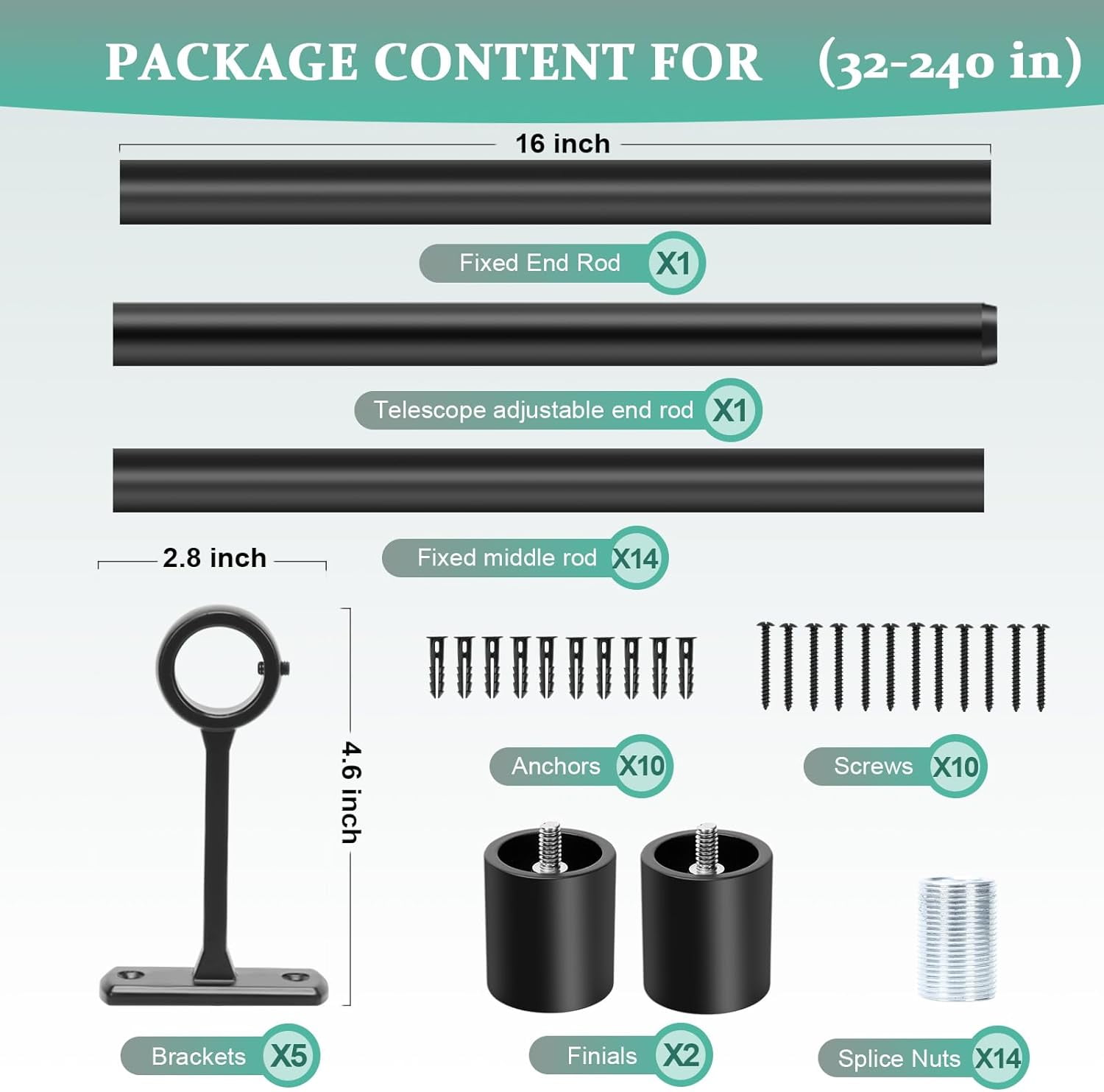 Extra Long Curtain Rods for Windows 120 to 240 Inches, Adjustable 1 Inch Black Curtain Rod for Outdoor Indoor, Modern Heavy Duty Drapery Rod, Room Divider 200 Inch Rods, All Metal, Easy Install