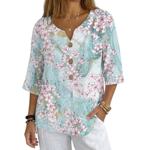 Xoenoiee Cherry Blossom Marble Print Womens 3/4 Sleeve Linen Shirts Button Down Linen Blouse for Women Spring Summer Tops with Button Decor Breathable Shirt, 3X-Large