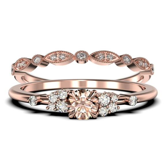 Minimalist 1.25 Carat Round Cut Morganite And Diamond Moissanite Engagement Ring, Wedding Ring in 925 Sterling Silver With Rose Gold Plating Promise Ring, Anniversary Ring, Bridal Set, Matching Band