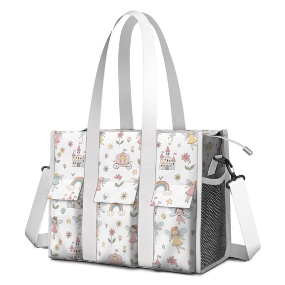 Teacher Tote Bag,Fairy Princess Carriage Pattern Teacher Utility Tote Bag,Large Work Tote Bags for Women with Multiple Pockets,Top Zipper Closure,13.8x10.6x6.7 Inch
