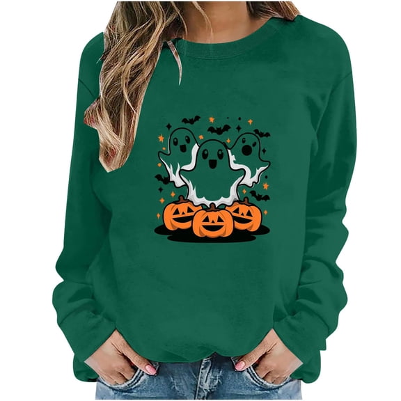 Juebong fashion Halloween Pullover for Womens Cute Stacked Ghost Jack O Lantern Graphic Sweatshirt Crewneck Solid Color Basic Tops Loose Fit Long Sleeve Casual for Events Fall Daily Matching Clothes