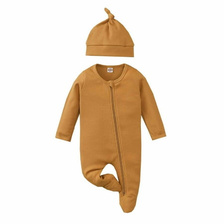 

YWDJ 0-24 Months Girls Outfit Set Fall Winter Crew Neck Waffle Solid Romper Zippered Cardigan Romper +Hat Brown 6-12 Months