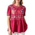 thumbnail image 2 of Women's Floral Embroidered Tops Summer Short Sleeve Pleated Peasant Blouses Casual Loose Crew Neck Mexican Shirts Hot Pink L, 2 of 4