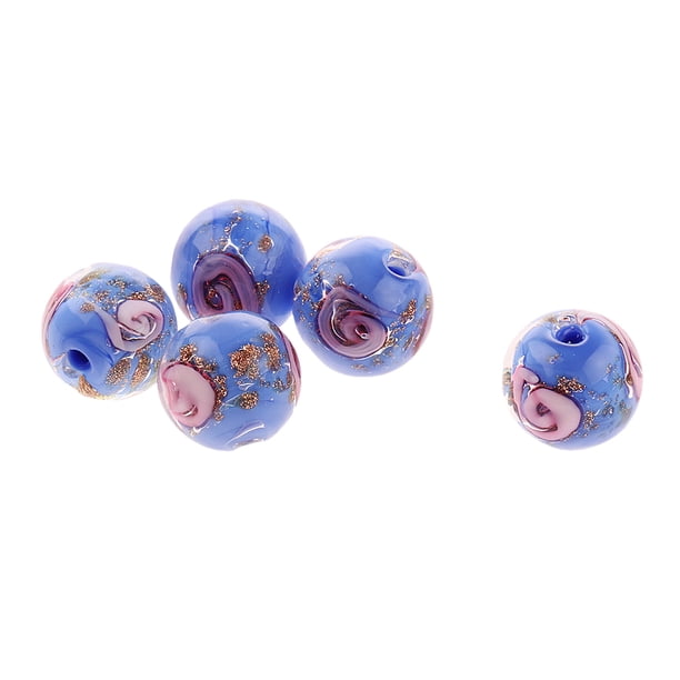 Phenovo 5x Flor Hecha A Mano De Oro De Lampwork Cuentas De Arena De Joyería Haciendo Azul Sunnimix Color Glaze bolas