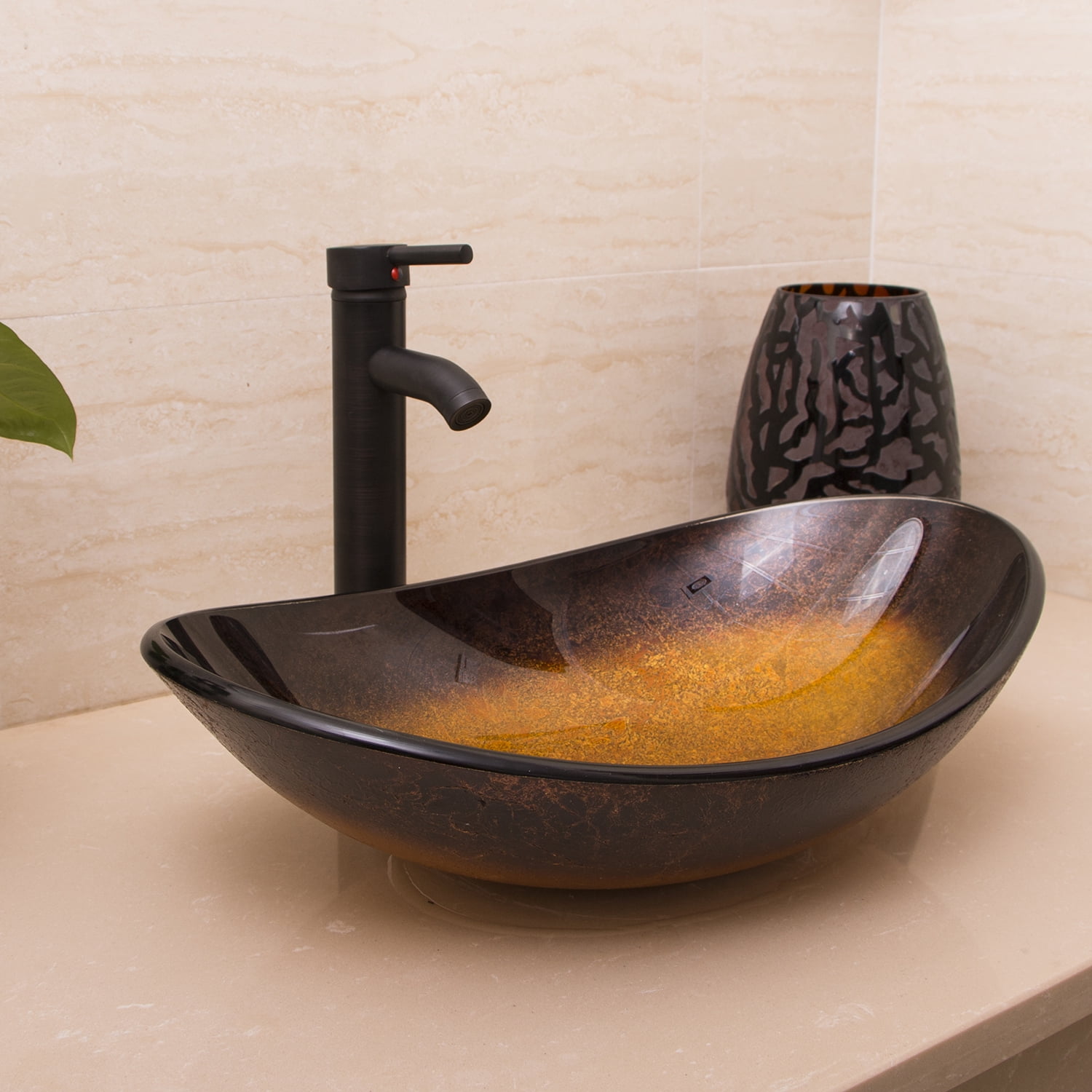 Walcut Oval Bowl Countertop Bathroom Glass Vessel Sink Faucet & Pop-up Drain Combo Set