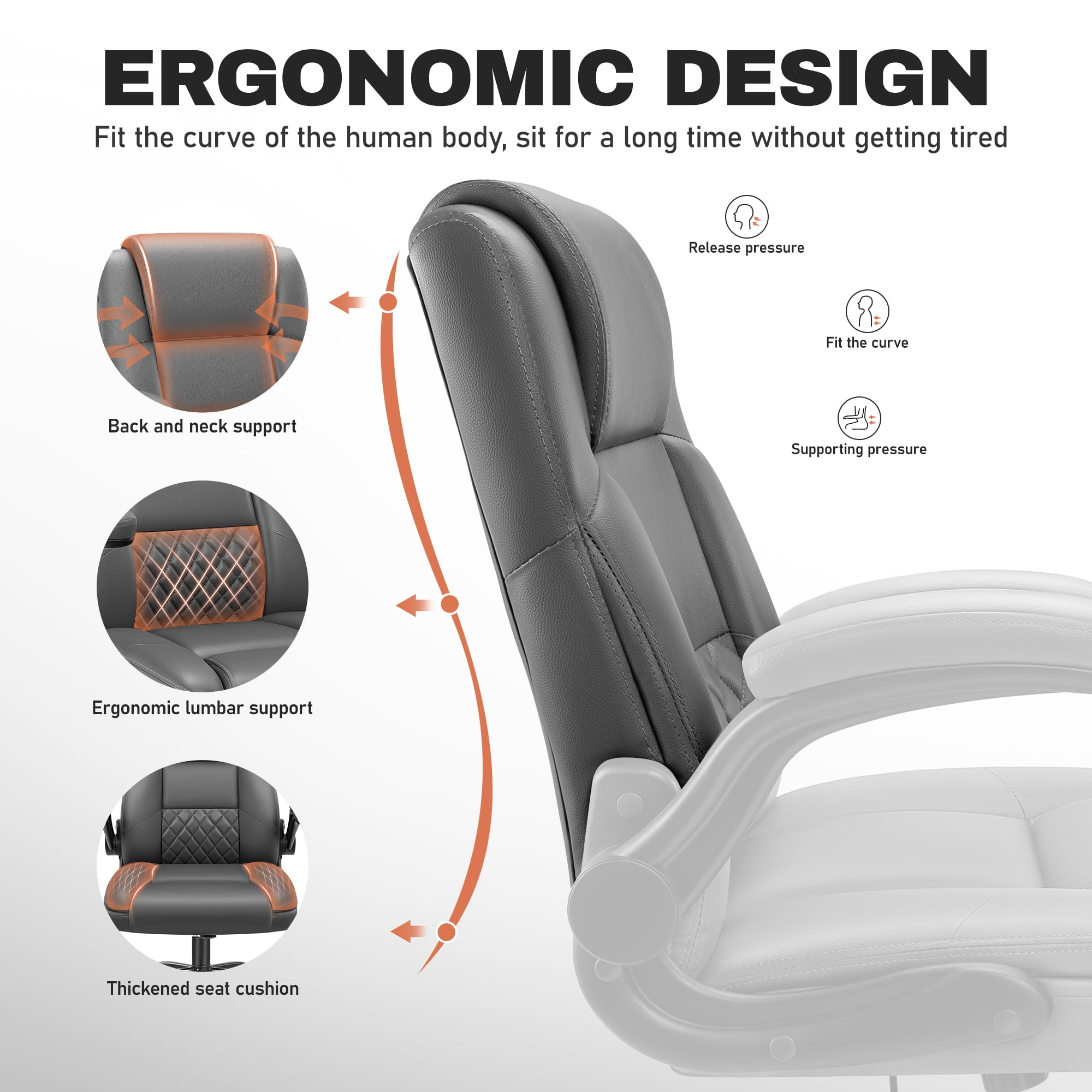 COOLHUT Office Chair, Executive Leather Chair Home Office Desk Chairs, Computer Chair with Adjustable Flip-up Padded Arms, Lumbar Support Swivel Desk Chair with Adjustable Hight and Tilt, Dark Gray