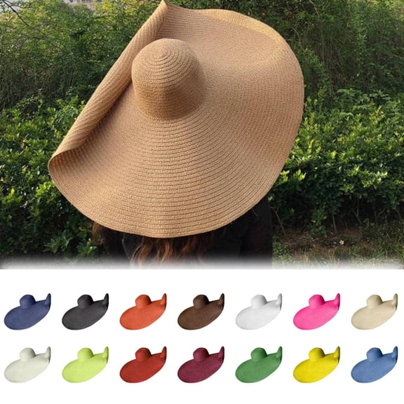 Hkoxplj Hat Straw Sun Hat Beach Hat for Women Oversized Wide Brim Foldable Packable Summer UV Protection Travel Hat with Chin Strap Lightweight Breathable Paper Weave Large Brim Sun Protection Hat