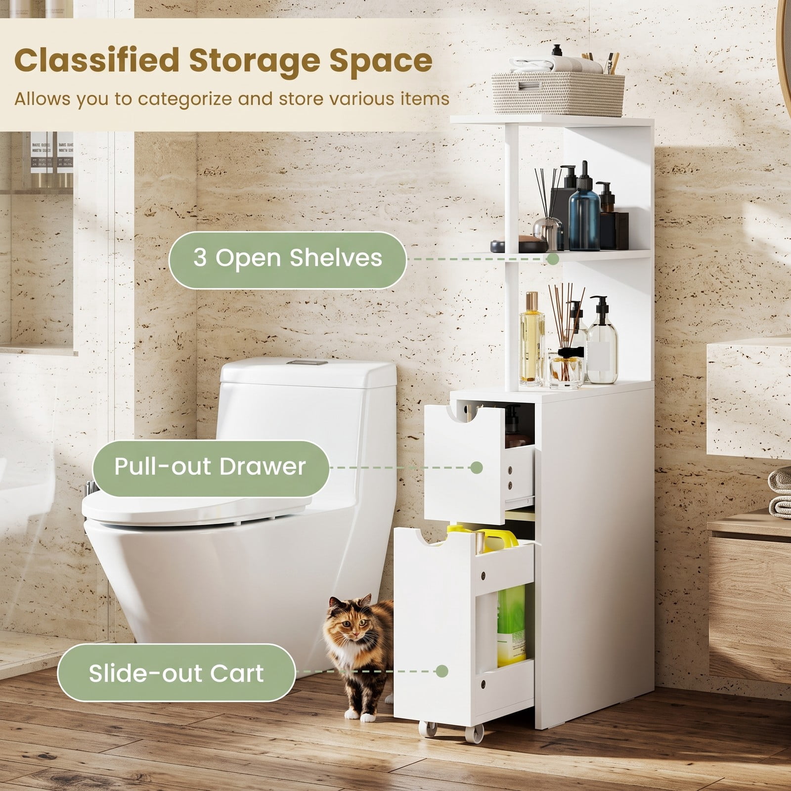 Fenbeli Slim Freestanding Bathroom Storage Cabinet, Narrow Floor Organizer with 3 Open Shelves, Pull-Out Drawer and Rolling Casters for Bathroom Living Room, White