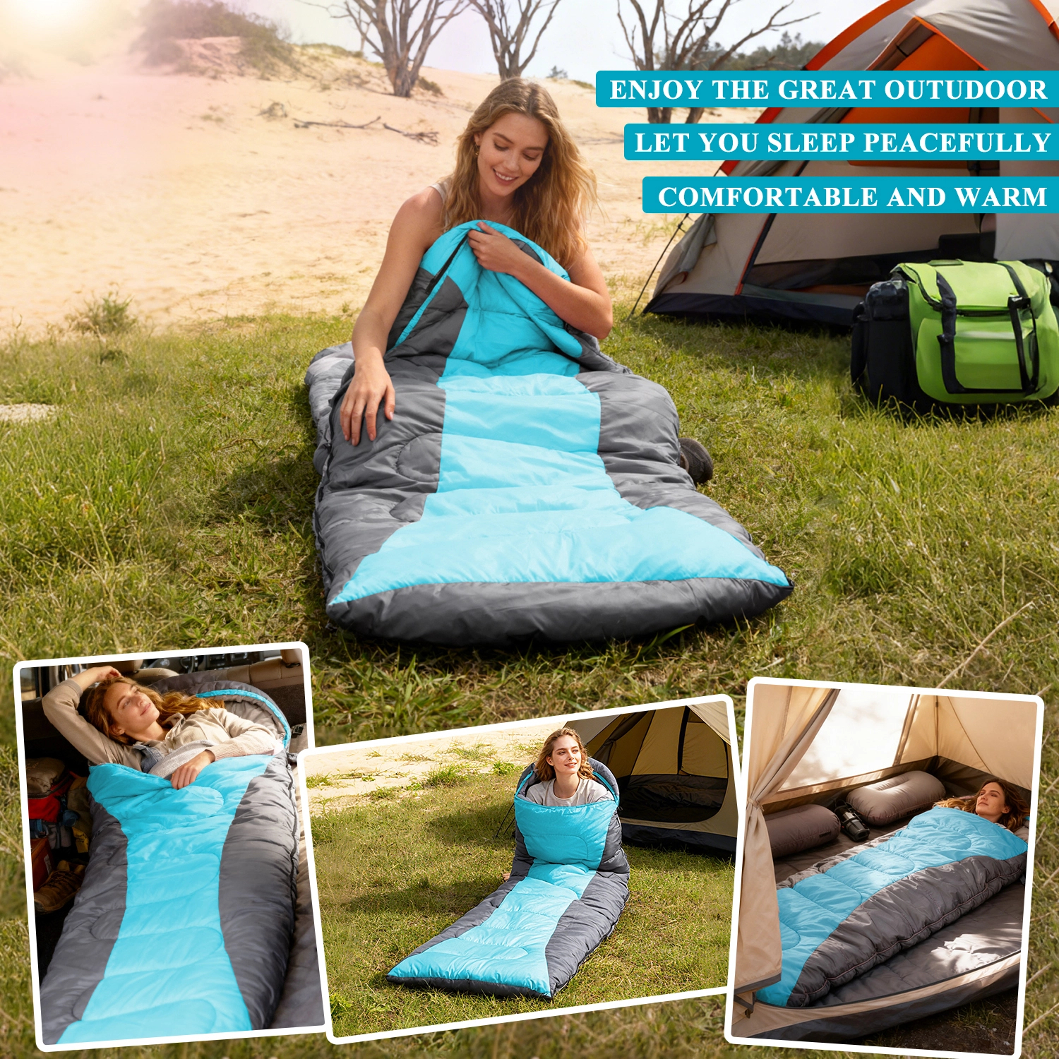 Teblint Camping Sleeping Bag for Adults Kids, 4-Season Cold Weather Sleeping Bag, Waterproof & Compression Sack Included, Camping Essentials Gear Accessories Hiking Sleep Must Haves (Blue)