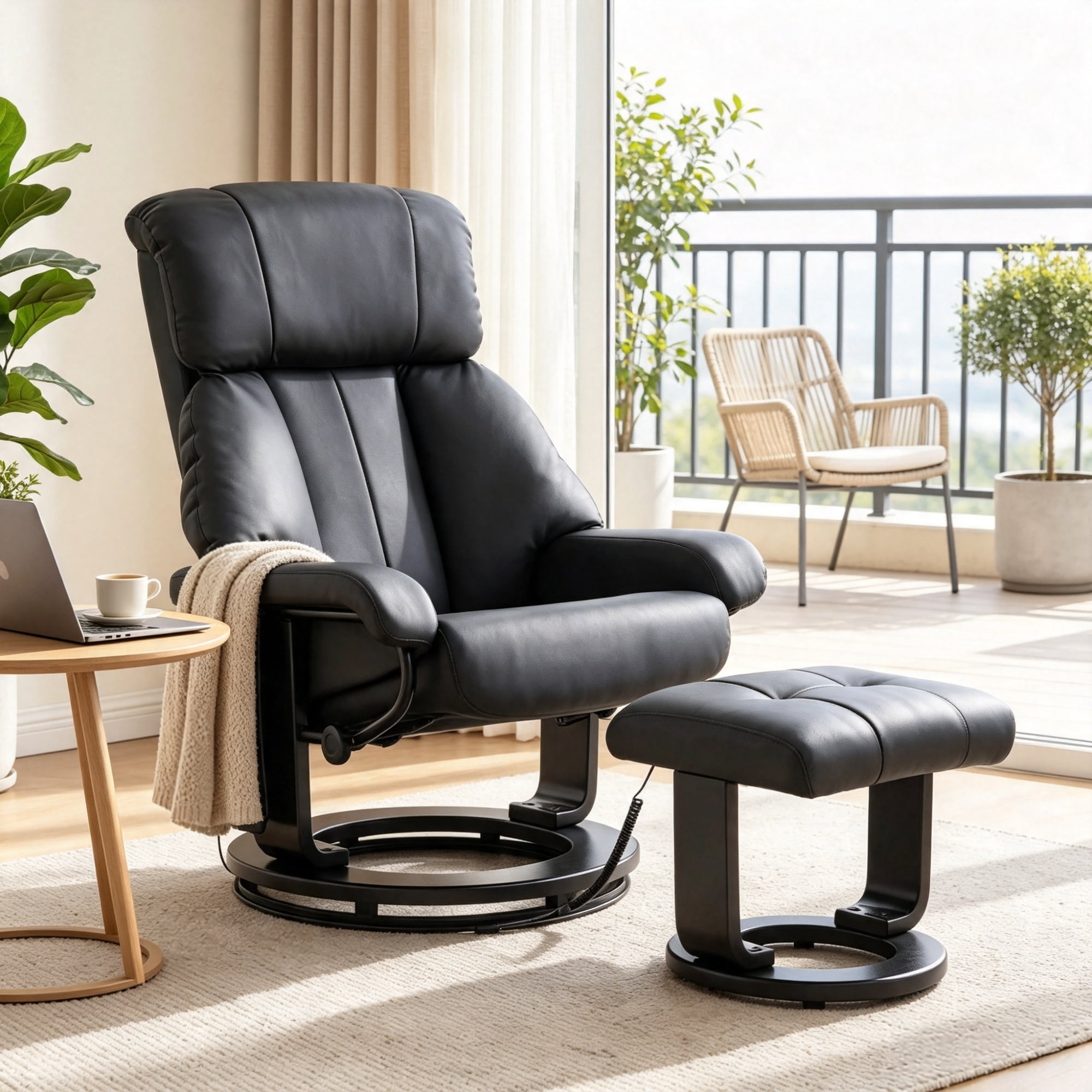 360° Swivel Massage Recliner Chair, 10-Point Vibration Footstool for Living Room, Black