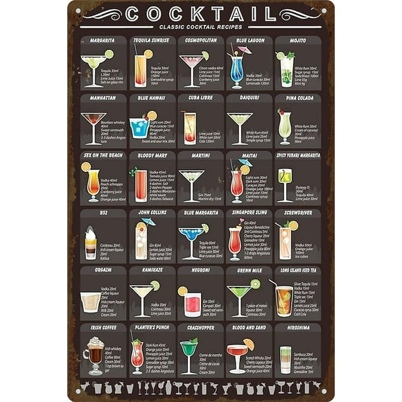 Cocktail Mixology Recipe Tin Signs - Bar Signs for Home Bar Decor 8x12 Inch