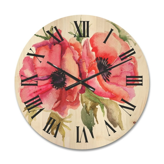 Designart 'Stylized Pink Poppy Flowers' Traditional Wood Wall Clock