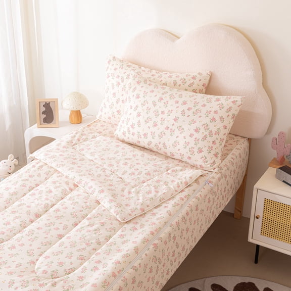 JJCOITR Floral Printed Zipper Bedding Sets Twin for Kids Girls Lightweight Microfiber Comforter Set with Fitted Sheet Pillow Covers,Pink