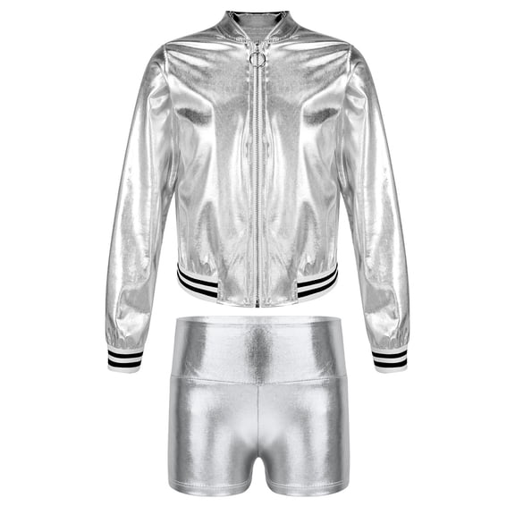 TiaoBug Kids Boys Girls Jazz Dance Costumes Shiny Metallic Long Sleeves Outerwear And Dance Shorts Sports Set Silver 10