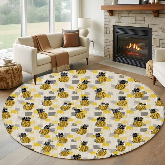 Round Area Rug 6 Ft, Summer Pineapple Washable Non-Slip Circle Carpet for Living Room/Bedroom, Retro Country Tropical Plants Fruit Low-Profile Indoor Mats Collection Rugs for Residential
