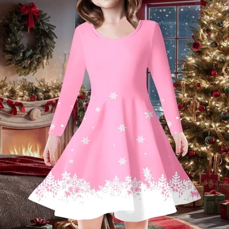 Adeawade Winter Dresses For Girks Long Sleeve Solid Color Flowy Dresses Kids Toddler Girls Christmas Trees Deer Print Princess Dress Xmas Outfits Sweet Midi Dresses Pink 4-5 Years