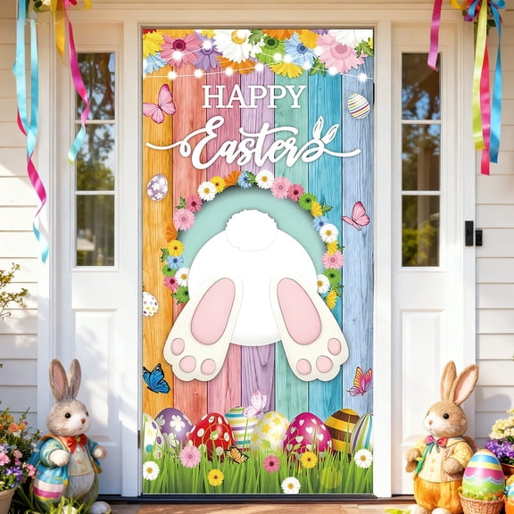 YaoZQ Happy Easter Door Cover, Cute Bunny Butt and Ears on Colorful Wood Background, Spring Holiday Front Door Decoration Banner, Multicolor, 35 x 71 in