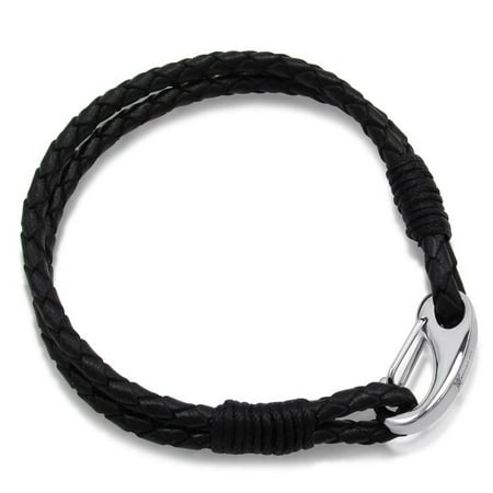 Stainless Steel Clasp Bracelet - Men's Braided Black Leather Bracelet with a Stainless Steel Clasp 8 inches