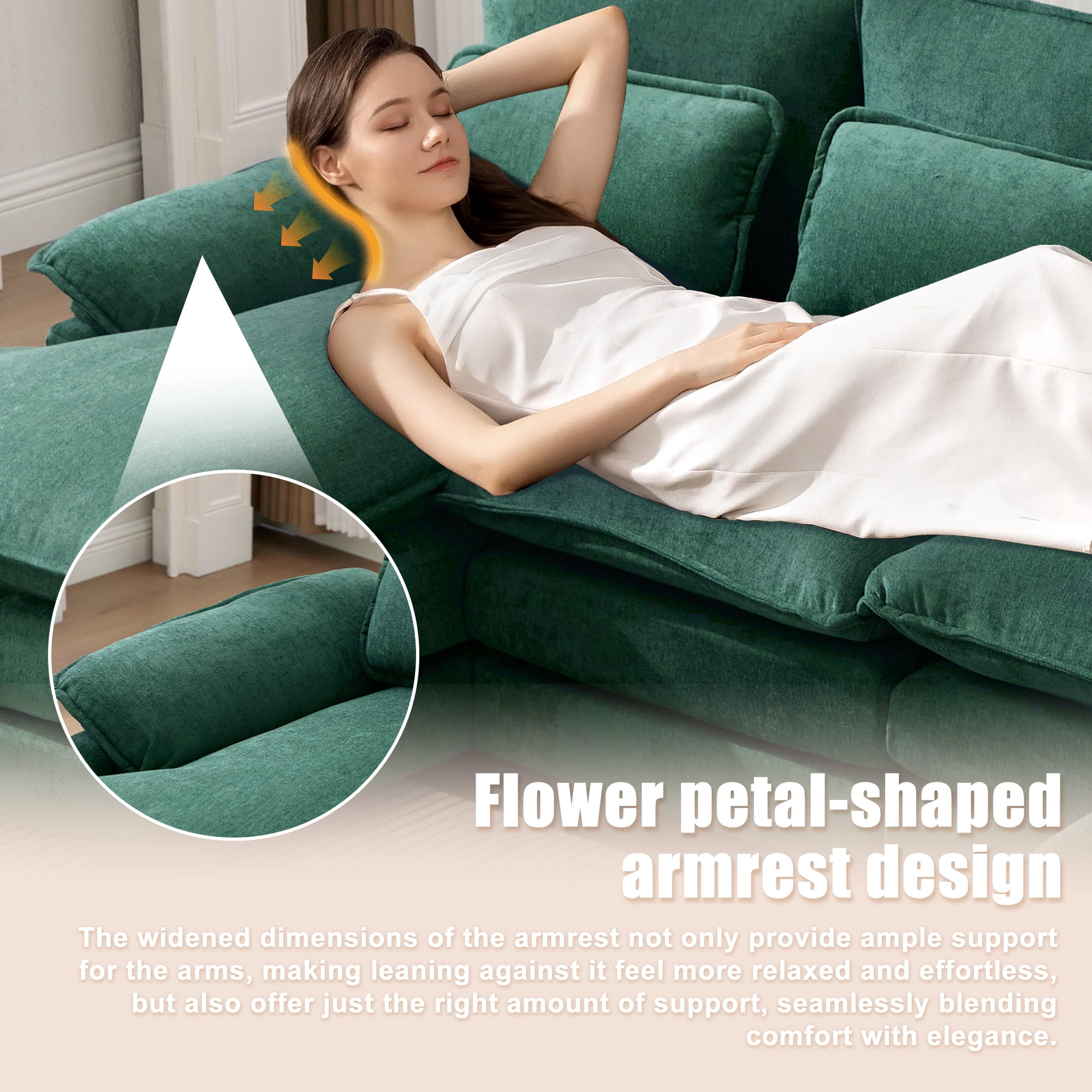 MOONMISS Chenille Upholstered U-Shaped Modular Wood Frame Sleeper Sectional Sofa with Double Chaise-Emerald