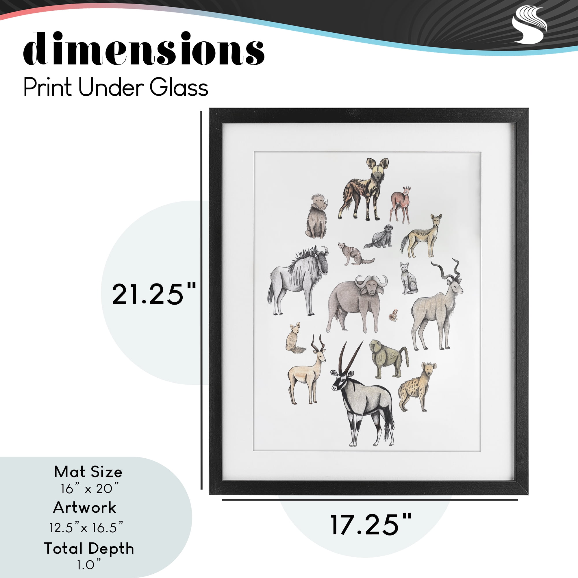 Simple Africa Animals Black Framed Print Under Glass, design by Cecilia Battaini