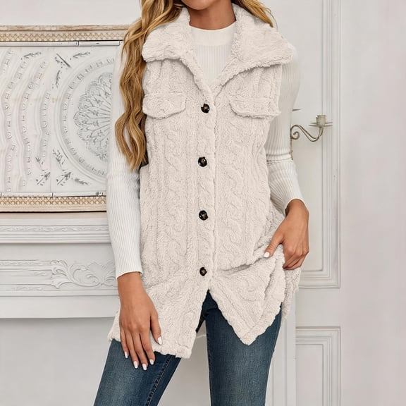 LEKWK Long Sherpa Vest Women Button Down Sleeveless Warm Fuzzy Jacket Lightweight Relaxed Fit Casual Fleece Vest Fall Winter Layering Beige S