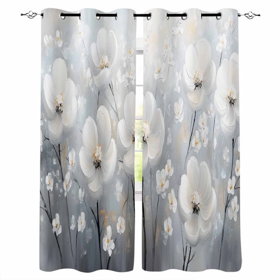 White Flowers Blackout Curtains 54 Inches Long, Retro Camellia Floral Spring Grey Modern Art Thermal Insulated Black Out Curtains, Darkening Window Curtain for Bedroom Living Room 45"x54" 2 Panels