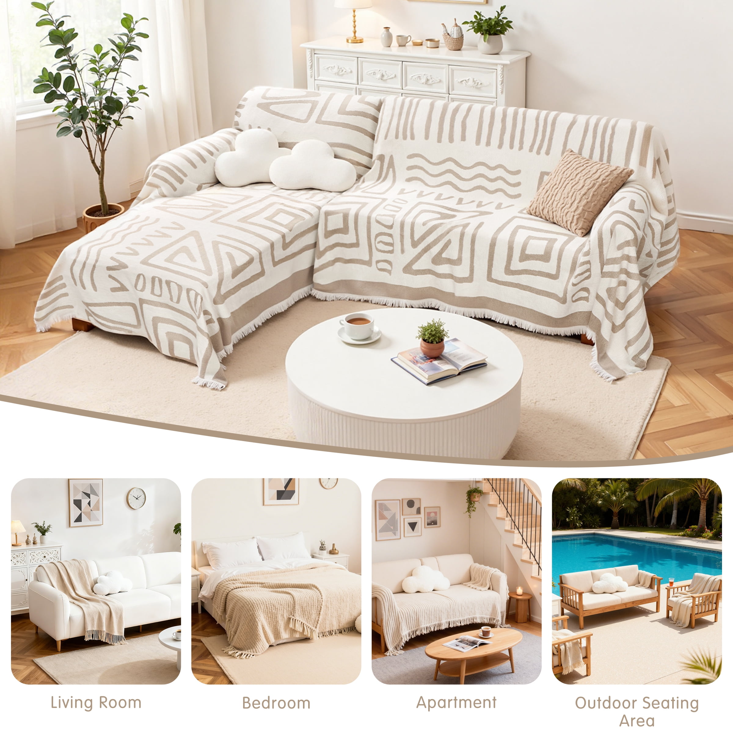 Dyfun Boho Reversible Sofa Cover - Pet-Proof Chenille Couch Protector & Decorative Throw for 3-Cushion Couches, 71"x134"