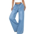 thumbnail image 2 of Wide Leg Jeans for Women Stretch High Wasited Elastic Waist Bell Bottom Baggy Pants Light Blue S, 2 of 9