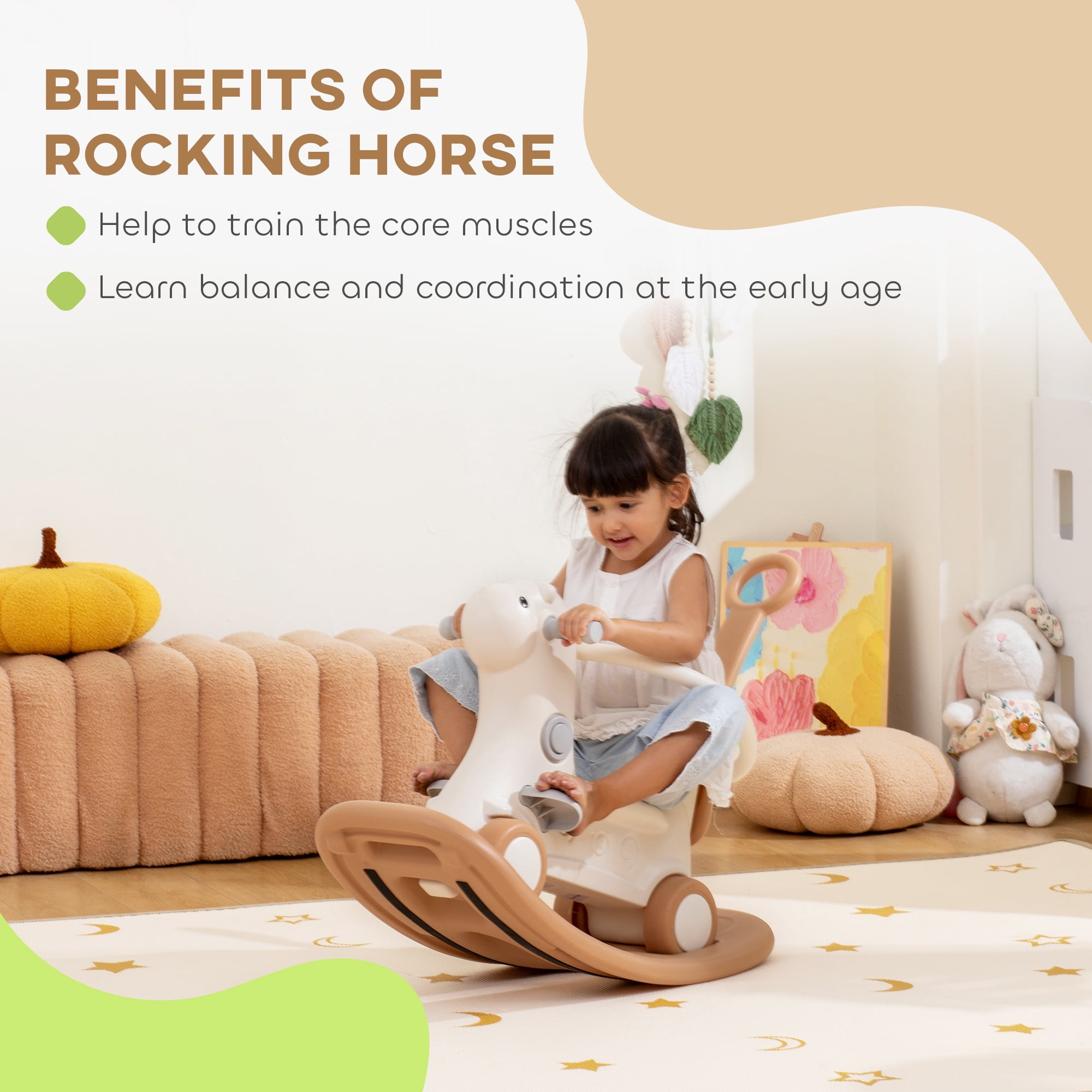 4 in 1 Toddler Rocking Horse, Alpaca Design Rocker Balancer Slider Walking Assistant, ASTM/CPSIA Certified HDPE with Safety Guardrail Silent Wheels