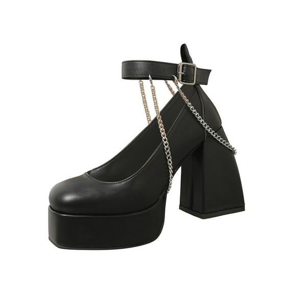 Lovskoo 2024 Women's Oversized Platform Ankle Strap Pumps High Chunky Block Heel Round Toe Mary Leather Shoes Black