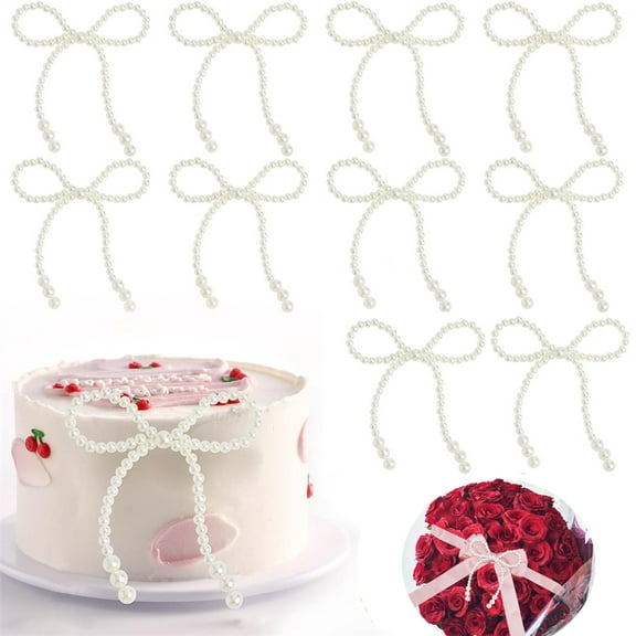 Tutuviw 10 Pcs Luxury Pearl Bow Cake Ornaments,Faux Pearls Bows for Bouquets Decorating,Pearl Beaded Bow Cake Toppers Bridal Shower Decoration for Elegant Wedding Birthday Wrapper
