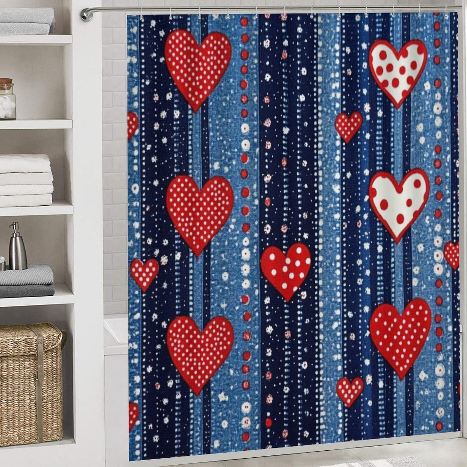USA Hearts & Stars Shower Curtain Sets 4 Piece with Non-Slip Rugs Toilet Lid Cover And Bath Mat 4th of July Durable And Waterproof for Bathroom Decor