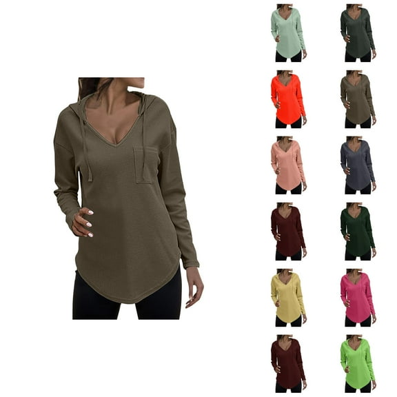 Waffle Hoodies for Women 2025 Long Sleeve V-Neck Waffle Knit Plain Hoodie Hooded Sweatshirt Women Pullover