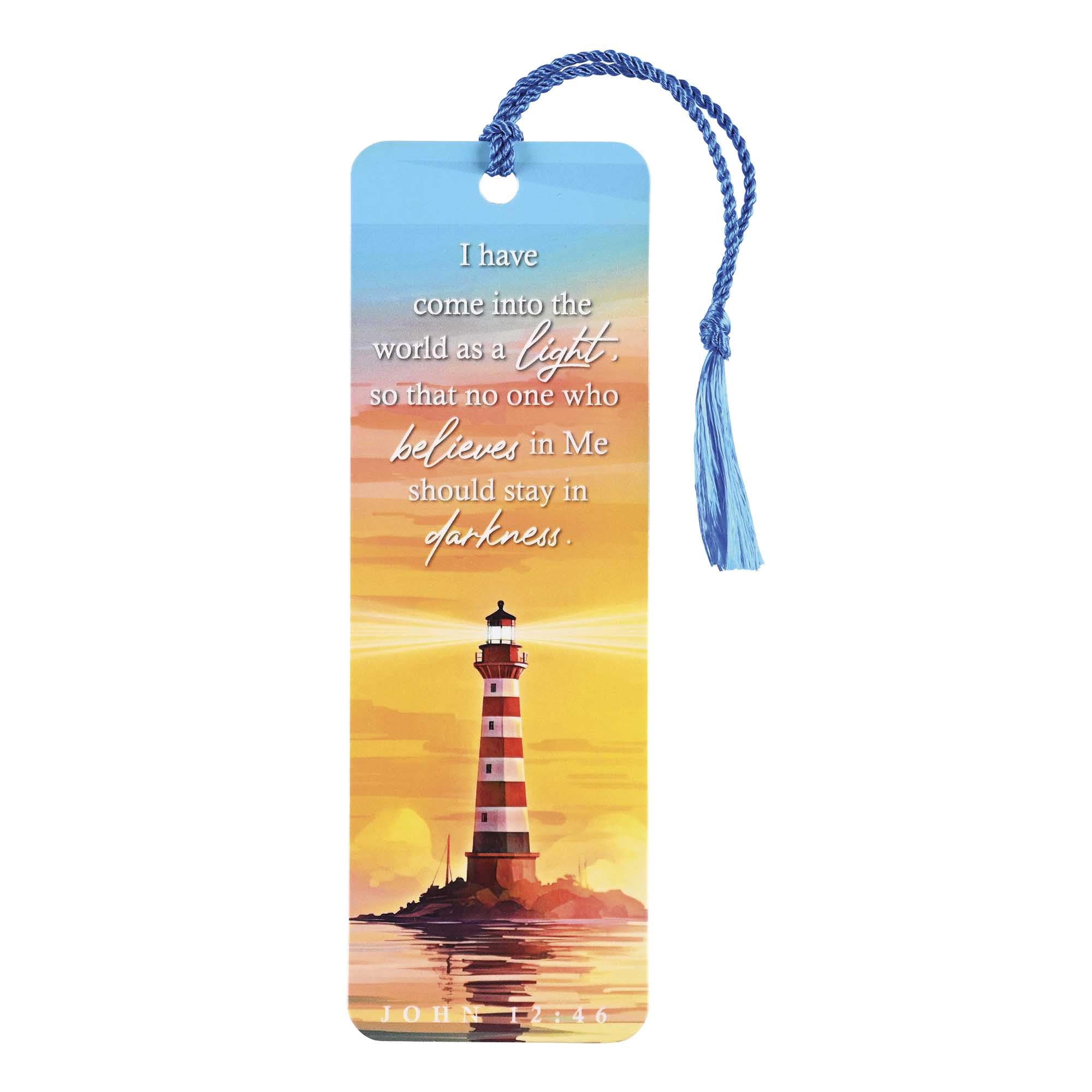 Dicksons Lighthouse - John 12:46, Multicolor 6 x 2 Inch Laminated Cardstock Tassel Bookmark; Pack of 12