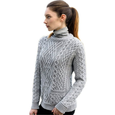 Midweight Wool Sweater - Ladies Fashion Wool Sweater, 100% Pure New Irish Wool, With Pockets, Gray, Large
