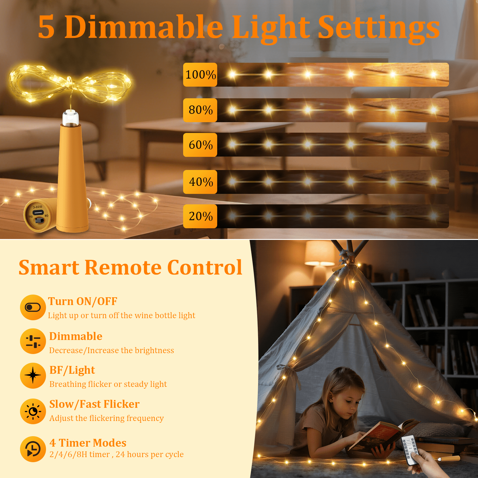 PChero 6Pack Rechargeable Wine Bottle Lights with Cork & Remote, 6.6ft 20 LED Mini Fairy String Lights Battery Operated with Charging Cable, Waterproof Cork Lights for Wedding Christmas, Warm White