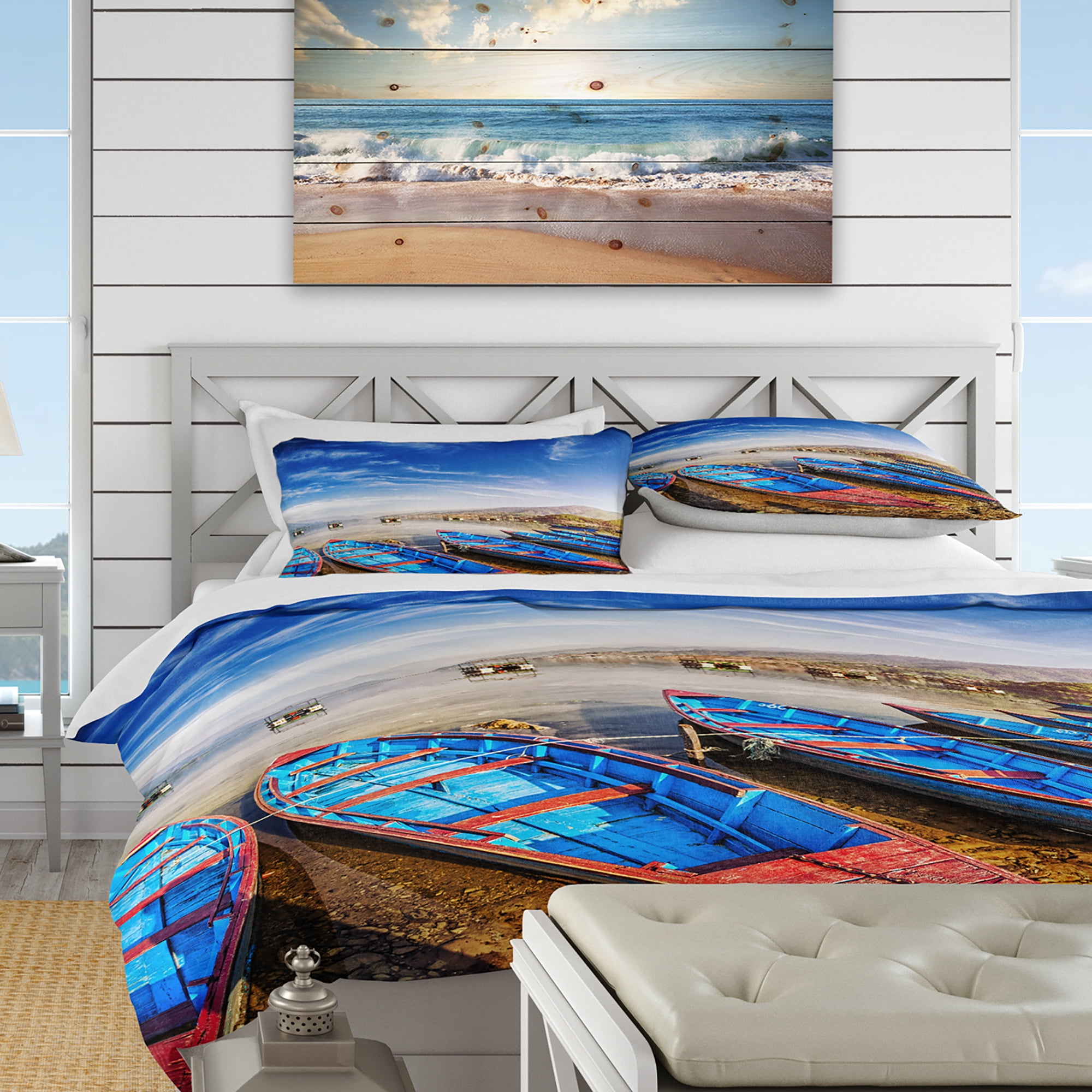 Designart 'Blue Boats Under Blue Sky' Coastal Duvet Cover Set