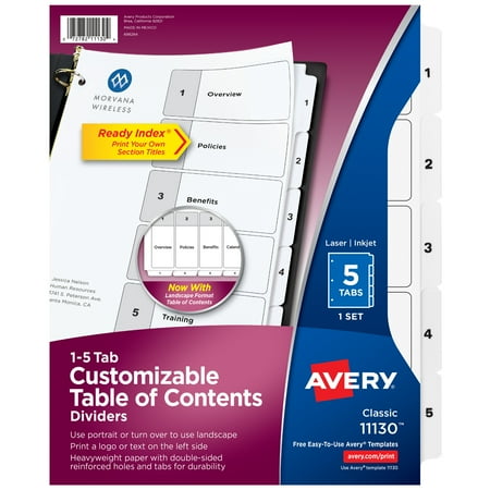 Avery - Ready Index Table of Contents Paper Dividers, 1-5 Tabs - White