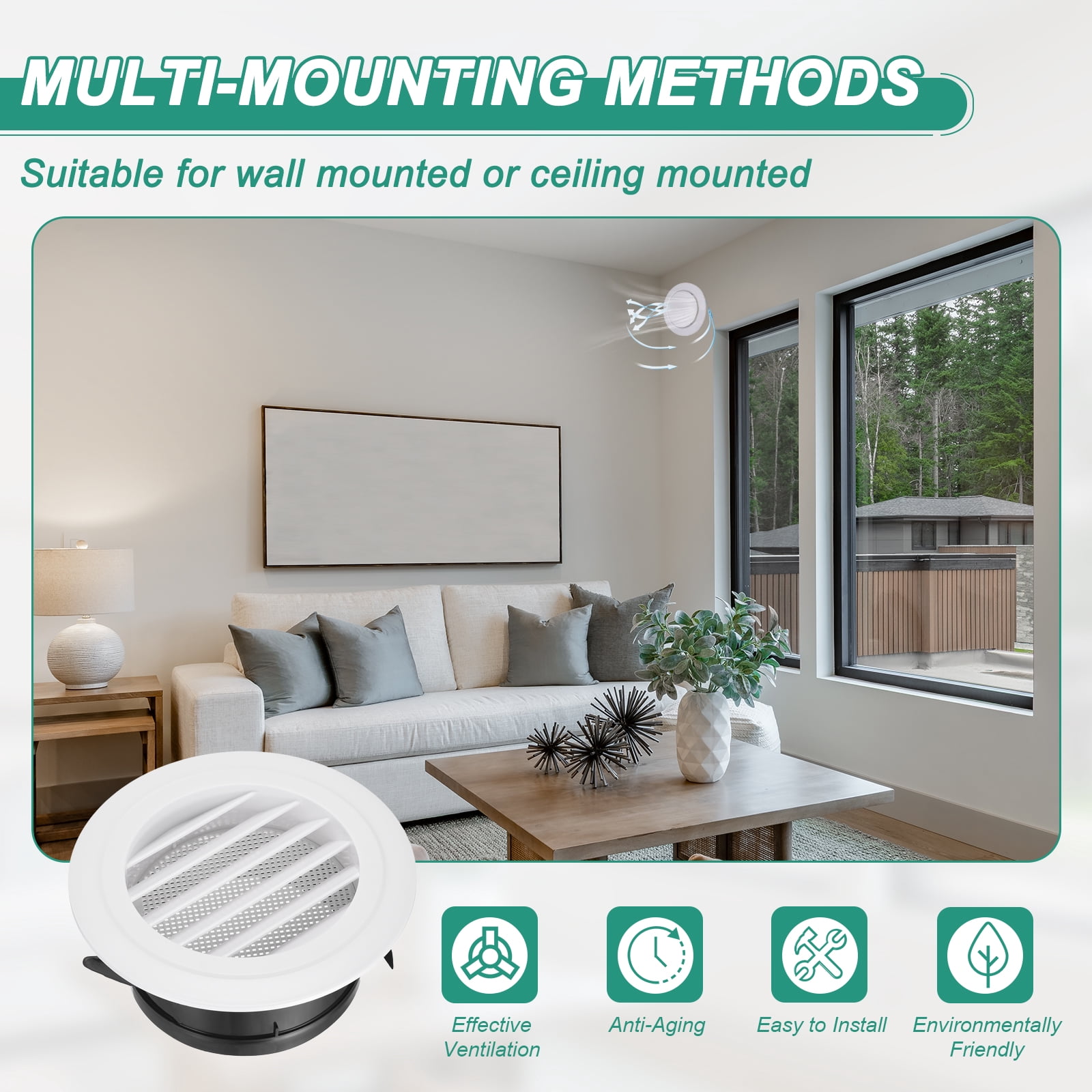 Uxcell 2pcs Soffit Vent 5" ABS Louvered Exhaust Vent Grille Cover Ceiling Diffuser with Built-in Screen Mesh for Home Bathroom Office Kitchen Ventilation System